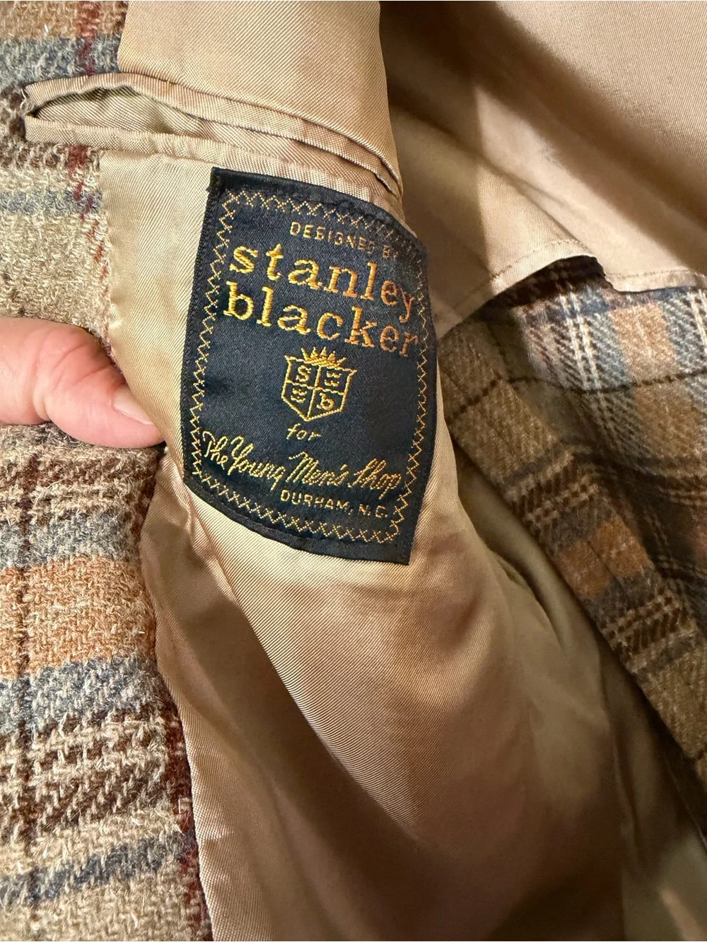 Vintage Wool Tweed Blazer 46R Brown Blue Tan Windowpane Plaid Mens Sport Coat 33